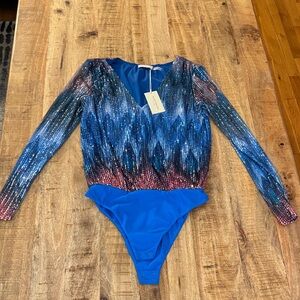 Ramy Brook blue mermaid Noemi Long sleeve bodysuit mesh Multicolor sequins nwt